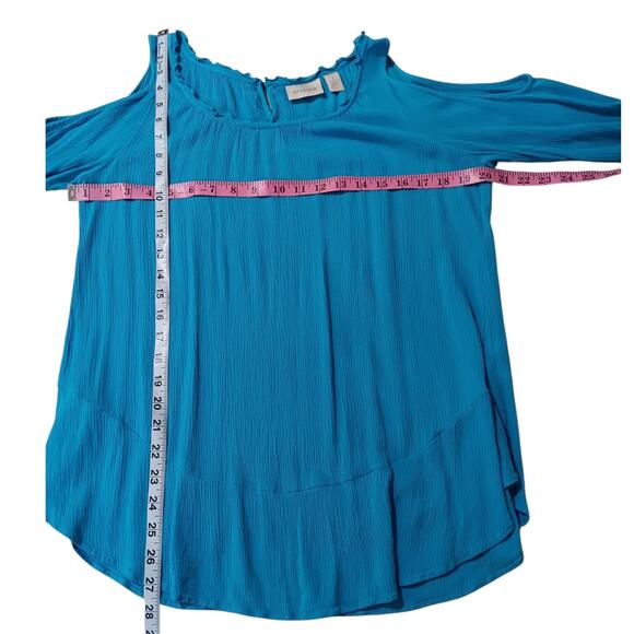CHICO'S 1 Crinkle Gauze Top Blouse‎ M Turquoise Blue Cold Shoulder Flare Sleeve - Picture 5 of 10